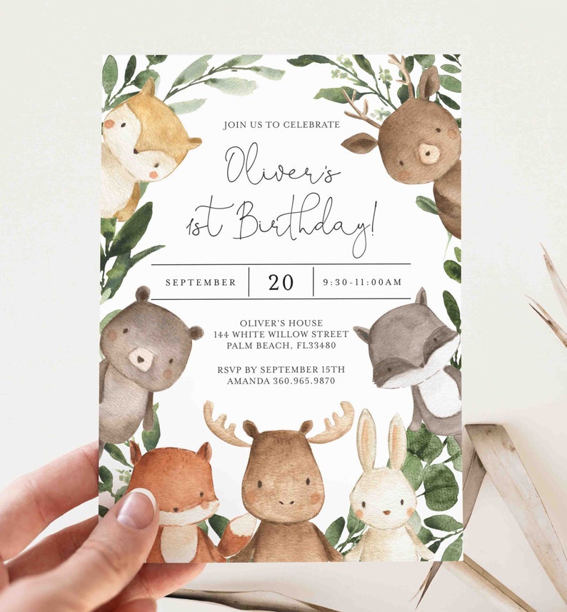 Woodland Birthday Invitation, Woodland Animals Birthday Invitation, Woodland Invitation, Woodland Invite, Instant Download, Templett KB10 image 2