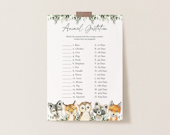 Woodland Baby Shower Animal Gestation Game, Woodland Gestation Game, Woodland Animal Gestation Game, Instant Download, Templett - BB20