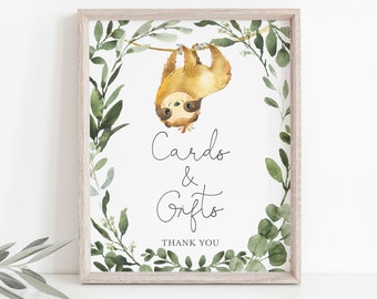May include: A printable sign with a watercolor illustration of a sloth hanging from a branch with green leaves. The sign says "Cards & Gifts" with the text "Thank You" below.