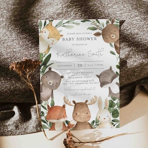 Woodland Baby Shower Invitation, Woodland Baby Shower Invitation, Woodland Invitation, Woodland Animals, Instant Download, Templett BB10 image 1