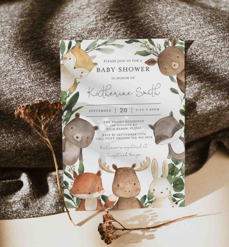 Woodland Baby Shower Invitation, Woodland Baby Shower Invitation, Woodland Invitation, Woodland Animals, Instant Download, Templett BB10 image 1