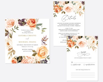 May include: Wedding invitation suite with floral designs. The invitation features a watercolor illustration of orange, white, and purple flowers. The text reads "the pleasure of your company is requested for the wedding celebration of Sandra Cheung and Michael Zhang Saturday, the fourth of March half past five in the evening Botanic Garden palm beach, Florida". The details card includes the wedding venue, date, and time. The RSVP card has a space for guests to indicate their attendance and dietary requirements.