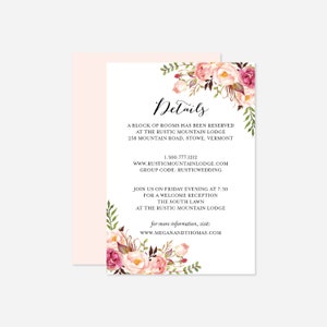 Pink Floral Wedding Details Card, Wedding Info Card, Accommodation Card, Floral Details Card, Floral Wedding, Instant Download, Templett-WD1 image 1