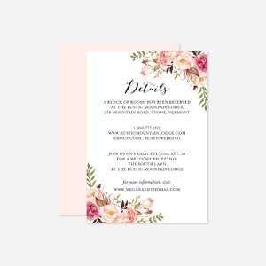 Rosa Florale Hochzeit Details Karte, Hochzeit Info Karte, Anpassung Karte, Florale Details Karte, Blumenhochzeit, Instant Download, Templett-WM1