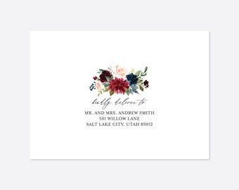 Burgundy Navy Wedding Envelope Addressing, Wedding Address Printable, Floral Envelope, Floral Wedding, Instant Download, Templett - WD4