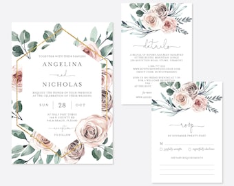 Boho Rose Wedding Invitation Suite, Dusty Rose Wedding Invitation Set, Dusty Pink Wedding Invitation Bundle, Instant Download, Templett -WD5