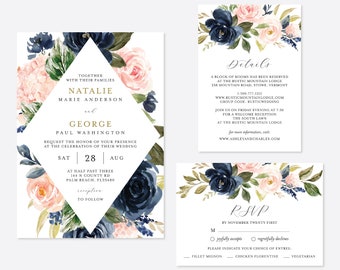 Navy Blush Wedding Invitation Suite, Wedding Invitation Set, Wedding Invitation Bundle, Floral Invitation, Instant Download, Templett -WD22B