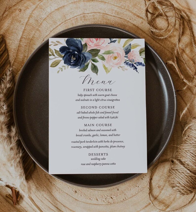 Menu First Course Layout Navy Blush Wedding Menu Card, Navy and Blush Wedding Dinner Menu Card ...
