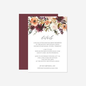 Burgund Blush Hochzeit Details Karte, Hochzeit Info Karte, Florale Akkommodation Karte, Blumenhochzeit, Instant Download, Templett - BT3