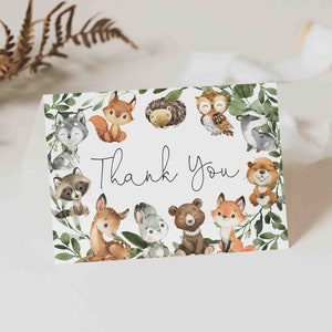 Carte de remerciement Woodland baby shower, carte de remerciement Woodland, carte de remerciement bébé animaux de la forêt, téléchargement immédiat, Templett - BB27