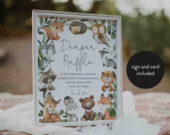 Sorteo de pañales para baby shower con temática de bosque, Sorteo de pañales con animales del bosque, Letrero para sorteo de pañales, Inserto para baby shower, Descarga instantánea, Templett -BB27