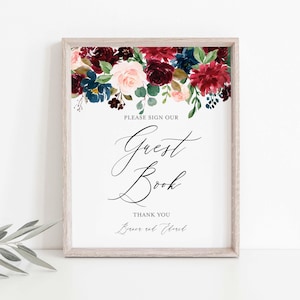 Burgundy Navy Wedding Guestbook Sign, Wedding Guestbook Sign, Floral Guestbook Sign, Floral Wedding, Instant Download, Templett - WD4