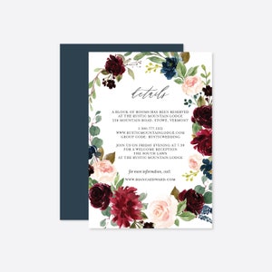 Cartão de detalhes do casamento da Marinha Borgonha, cartão de informações do casamento, cartão de acomodação floral, casamento floral, download instantâneo, Templett - WD4