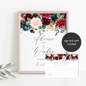 Conseils et voeux de mariage bleu marine bordeaux, signe conseils et voeux, carte, voeux de mariage, mariage floral, téléchargement immédiat, Templett - WD4