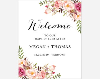 Pink Floral Wedding Welcome Sign, Wedding Poster, Floral Welcome Sign, Floral Wedding Poster, Instant Download, Templett - WD1