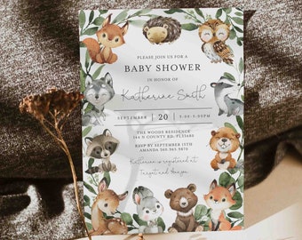 May include: A baby shower invitation with a woodland theme. The invitation features a variety of woodland animals, including a fox, owl, raccoon, bear, and deer. The text on the invitation reads "Please join us for a baby shower in honor of Katherine Smith, September 20, 3:00-5:00 PM, The Woods Residence, 144 N County Rd. FL33480, RSVP by September 15th, Amanda 360.965.9870, Katherine is registered at Target and Amazon."