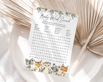 Woodland Baby Shower Word Search Game, Woodland Word Search Game, Woodland Animals Word Search Game, Instant Download, Templett - BB20