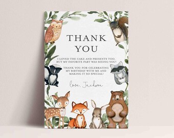 May include: Thank you card featuring a woodland animal theme. The card depicts a variety of animals including an owl, squirrel, raccoon, deer, fox, rabbit, and bear. The text on the card reads "Thank You" and "I loved the cake and presents too, but my favourite part was seeing you! Thank you for celebrating my birthday with me and making it so special! Love, Jackson."