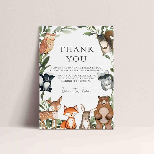 Woodland Birthday Thank You Note, Woodland Animals Thank You Note, Woodland Thank You Card, Kids Birthday, Instant Download, Templett - KB15