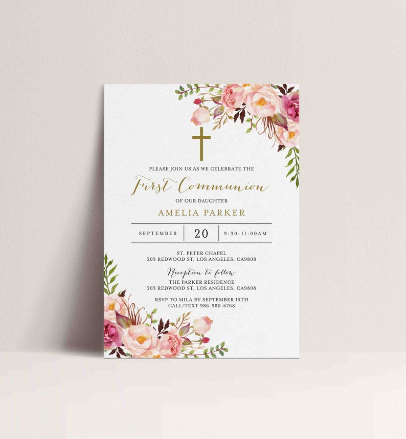 Pink Floral First Communion Invitation, Girl First Communion Invitation, 1st Communion Invitation, Instant Download, Templett RL1 image 3