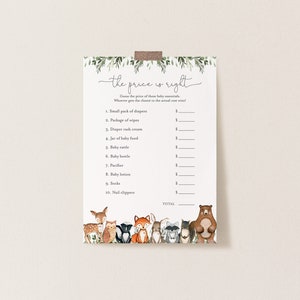 May include: A printable baby shower game with a woodland theme. The game is called "The Price is Right" and asks guests to guess the price of various baby essentials. The game features a list of items, such as diapers, wipes, rash cream, baby food, a rattle, a bottle, a pacifier, lotion, socks, and nail clippers. The game also includes a total section for guests to add up their guesses.