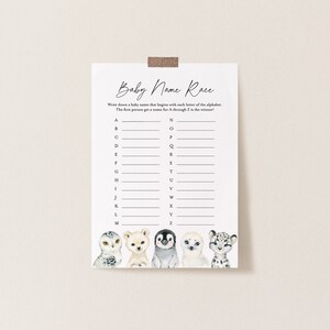 Jeu de course de nom de baby shower d'hiver, jeu de course de nom d'animaux d'hiver, jeu de course de nom d'animaux de l'Arctique, téléchargement immédiat, Templett - BB21