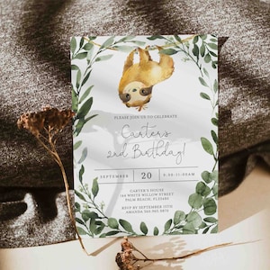 Sloth Birthday Invitation, Sloth Invitation, Sloth Kids Birthday Invitation, Sloth Invite, Instant Download, Templett - KB13