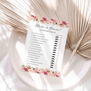 Pink Floral Bridal Shower He Said She Said Game, He Said Game, She Said Game, Bride or Groom Game, Instant Download, Templett - BR1