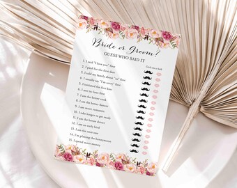 Pink Floral Bridal Shower He Said She Said Game, He Said Game, She Said Game, Bride or Groom Game, Instant Download, Templett - BR1