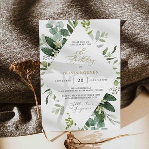 Faire-part d'anniversaire pour adulte verdure, faire-part d'anniversaire feuillage, faire-part d'anniversaire eucalyptus, téléchargement immédiat, Templett - AB23B