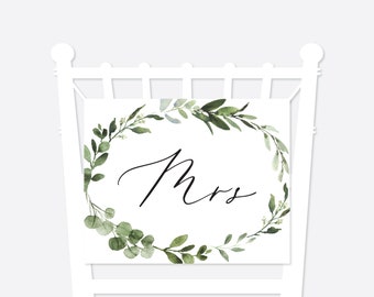 Greenery Wedding Mr And Mrs Chair Sign, Eucalyptus Wedding Chair Sign, Foliage Wedding Chair Sign, Instant Download, Templett - WD23