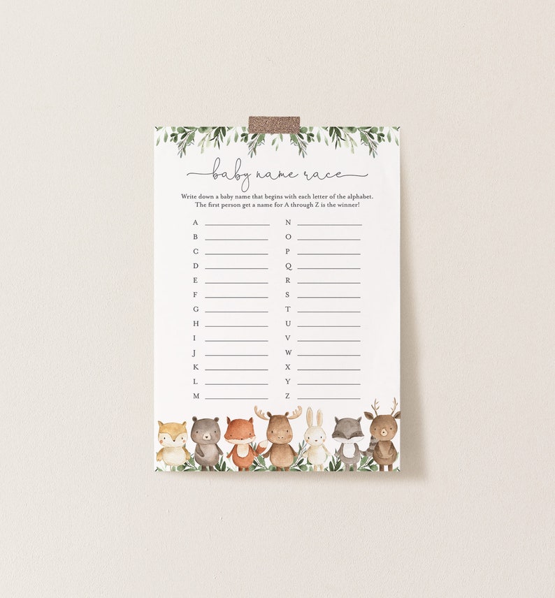 Woodland Baby Shower Name Race Game, Woodland Name Race Game, Woodland Animals Name Race Game, Instant Download, Templett BB10 image 1