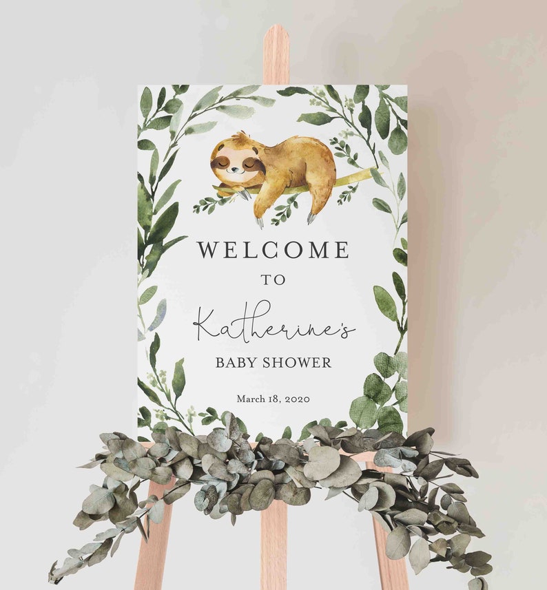 Sloth Baby Shower Welcome Sign, Sloth Welcome Sign, Sloth Baby Shower Sign, Sloth Printable Sign, Instant Download, Templett BB13B image 1