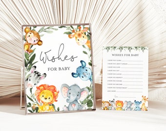 Jungle Baby Shower Wishes For Baby, Jungle Wishes For Baby, Safari Wishes For Baby, Jungle Baby Shower Game, Instant Download, Templett-BB14