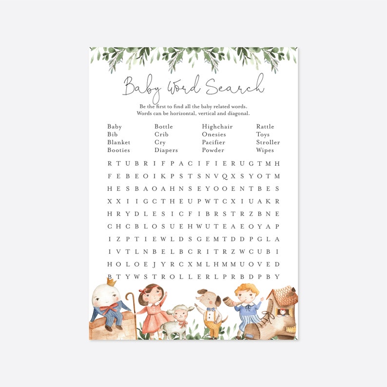 Nursery Rhyme Baby Shower Word Search Game Nursery Rhyme Word Etsy España