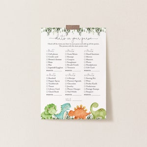 Dinosaur Baby Shower What&#39;s In Your Purse Game, Dinosaur What&#39;s In Your Purse Game, Dinosaur Purse Game, Instant Download, Templett - BB12