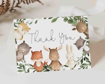 Woodland Baby Shower Thank You Card, Woodland Thank You Card, Woodland Animals Thank You Card, Instant Download, Templett - BB10