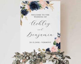 Navy Blush Wedding Welcome Sign, Navy and Blush Wedding Poster, Floral Welcome Sign, Floral Wedding Poster, Instant Download, Templett- WD22
