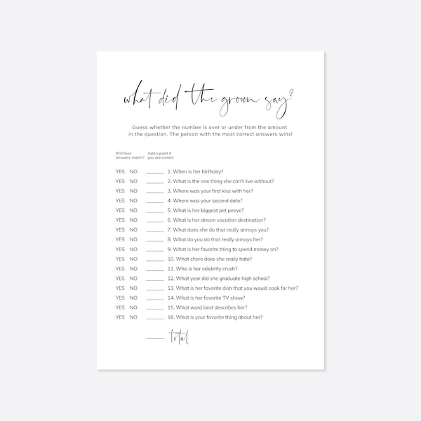 Modern Bridal Shower What Did The Groom Say Game, Minimal What Did The Groom Say, What Did The Groom Say, Instant Download, Templett - BR26