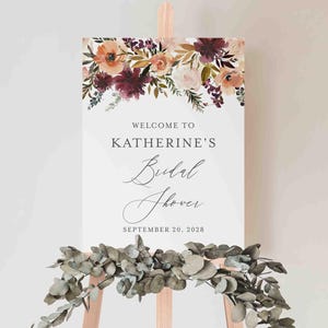 Burgundy Blush Bridal Shower Welcome Sign, Burgundy Welcome Sign, Bridal Shower Poster, Floral Welcome Sign, Instant Download, Templett- BR3