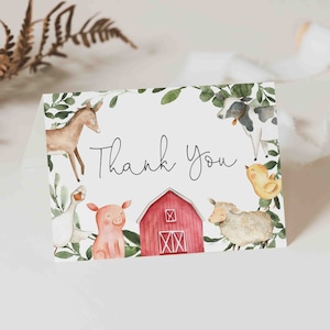 Tarjeta de agradecimiento de baby shower de granja, tarjeta de agradecimiento de granja, tarjeta de agradecimiento de animales de granja, imprimibles de granja, descarga instantánea, Templett - BB9
