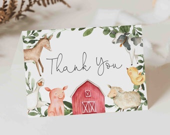Baby-Dusche-Karte, Bauernhof-Baby-Dusche-Danke-Karte, Danke-Karte, Bauernhof-Tier-Danke, Bauernhof Printables, Instant Download, Templett - BB9