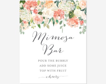 Peach And Cream Bridal Shower Mimosa Bar Sign, Mimosa Bar Sign, Floral Mimosa Bar Sign, Printable Mimosa Bar, Instant Download, Templett-BR2