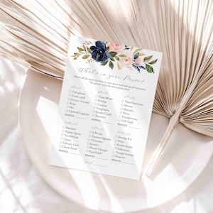Navy Blush Bridal Shower What&#39;s In Your Purse Game, Floral What&#39;s In Your Purse Game, What Is in Your Purse, Instant Download, Templett-BR22