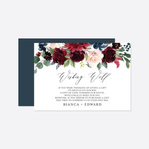 Carte de voeux de mariage bleu marine bordeaux, carte de conseils de mariage, carte de voeux florale, mariage floral, téléchargement immédiat, Templett - WD4
