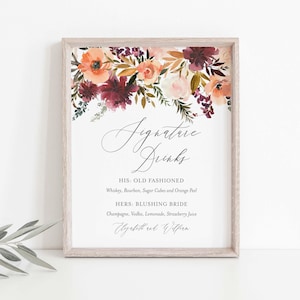 Burgundy Blush Wedding Signature Drinks Sign, Wedding Drinks Sign, Signature Cocktails, Floral Wedding, Instant Download, Templett - WD3