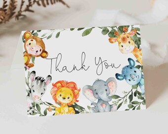 Tarjeta de agradecimiento para baby shower de la selva, tarjeta de agradecimiento de la selva, tarjeta de agradecimiento de safari, animales de la selva, descarga instantánea, Templett - BB14