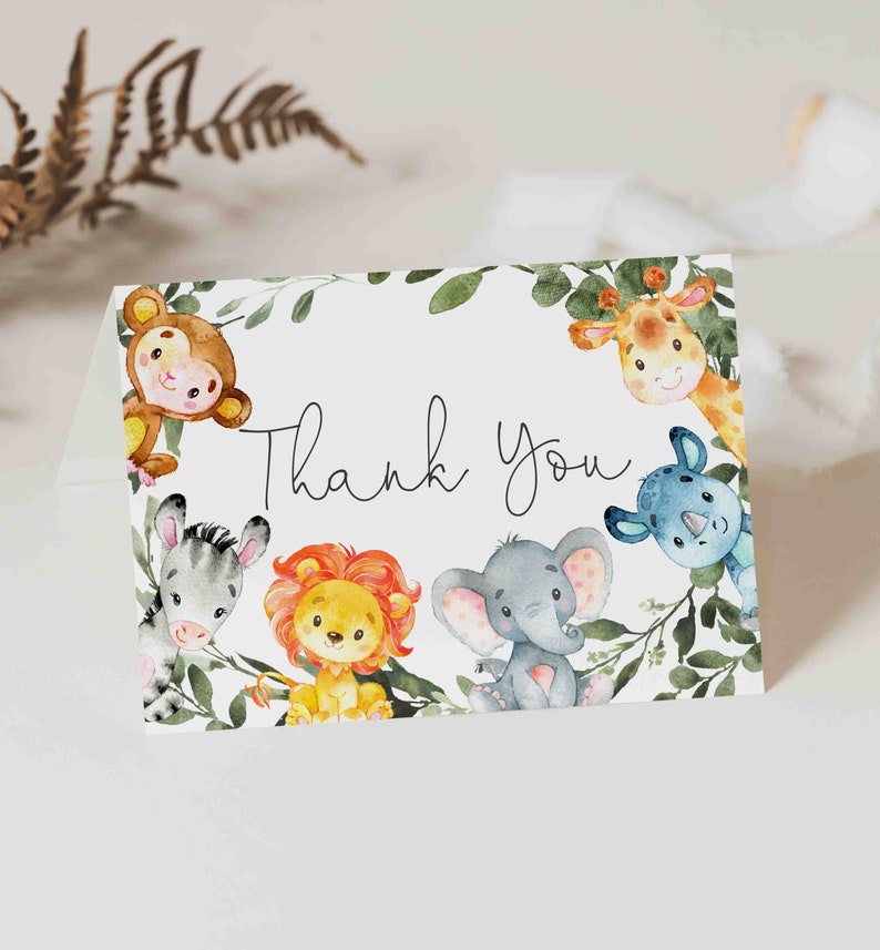 Jungle Baby Shower Thank You Card, Jungle Thank You Card, Safari Thank You Card, Jungle Animals, Instant Download, Templett BB14 image 1