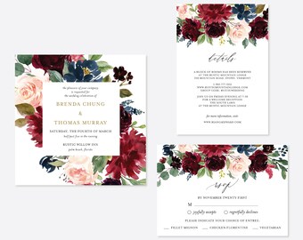 Burgundy Navy Wedding Invitation Suite, Wedding Invitation Set, Wedding Invitation Bundle, Floral Invitation, Instant Download,Templett-WD4C