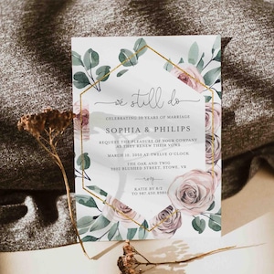 Invitación de renovación de votos con rosas bohemias, invitación de renovación de votos con rosas polvorientas, flores rosa polvorientas "We Still Do", descarga instantánea, Templett - WD5